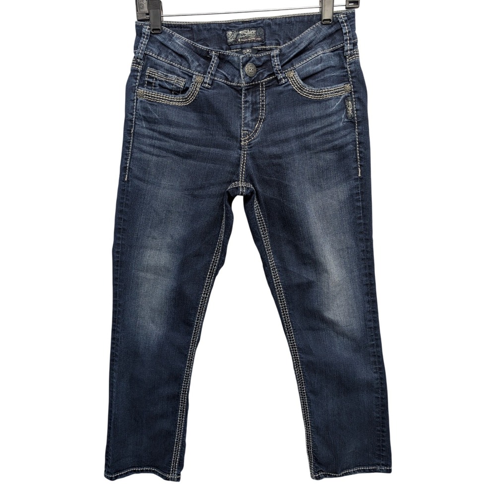Silver Jeans Co Suki Mid Capri Womens W27 Dark Wash Blue Contrast Stitch L43916